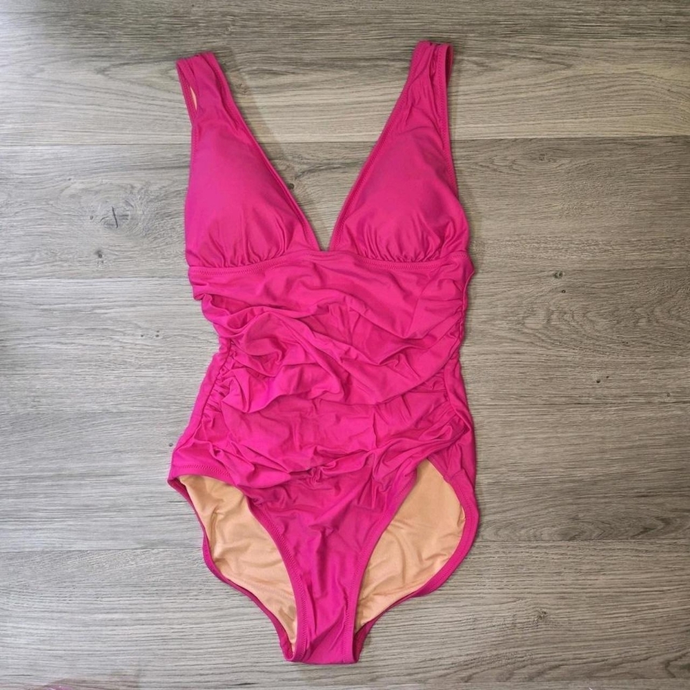 J.Crew Women's Pink Ruched V-Neck One Piece Swimsuit